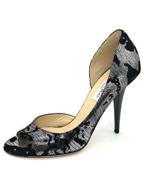 Jimmy Choo GINO Black Metallic Suede Silver Open Toe Sandals Shoes Heels